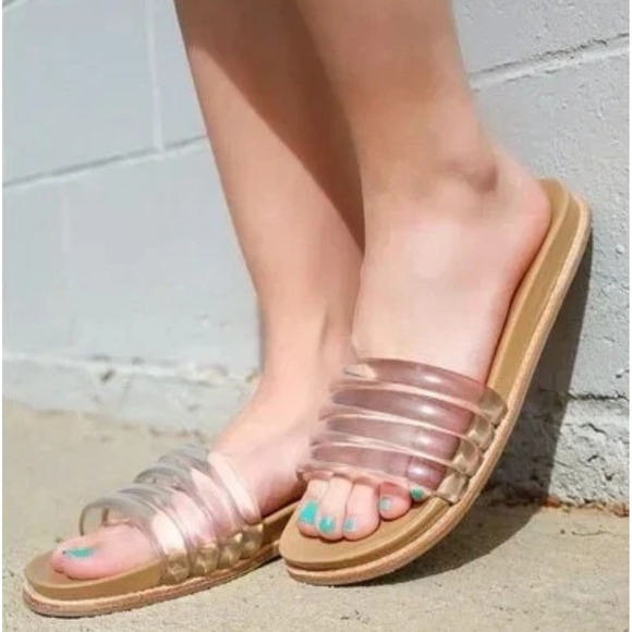 STEVE MADDEN Clear Lucite Strap Drips Slip-On Slides‎ Sandals 7.5 Flats Beach - Picture 2 of 7
